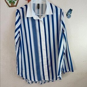 Blue and White Striped Blouse with Classic Collar